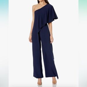 Marina Women's One Shoulder Jumpsuit with Cascade Ruffle Detailing Navy Size 8